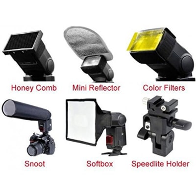 GODOX FLASH SPEEDLITE ACCESSORY ACCESSORIES KIT - HONEY COMB, REFLECTOR, SOFTBOX, COLOR FILTER, SNOOT & SPEEDLITE HOLDER SA K6