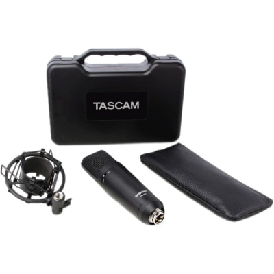 TASCAM TM-180 STUDIO CONDENSER MICROPHONE WITH SHOCKMOUNT, HARD CASE, AND ZIPPERED SOFT CASE